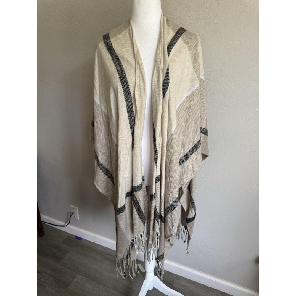 Three Dots Tan Black Checkered Cashmere Wool Blend Shawl Cardigan Womens OS